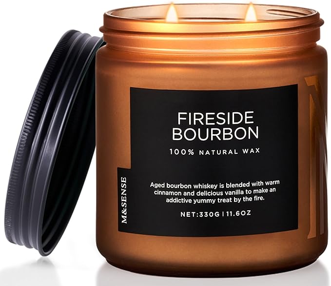 M&SENSE Fireside Bourbon Jar Candle, 11.6oz Clean Soy Wax Up to 70 Hours Burn Time Smoky Scent 2 Wick Cotton Fall Campfire Scented Candle for Home Decor Housewarming Gifts for Bathroom Office - Bloomnest