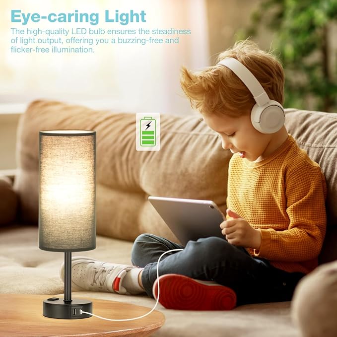 Fenmzee Black Bedroom Lamp for Nightstand - 3 Way Dimmable Bedside Lamp USB C A Charging Ports and AC Outlet, Small Table Lamp Black Base for Living Room, Office Desk, LED Bulb Included - Bloomnest