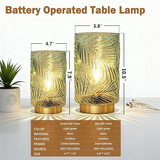 Battery Operated Table Lamp, Cordless Lamps for Home Decor, Battery Powered Nightlight with LED Bulb with Timer, Decorative Lights for Living Room Bedroom Tabletop Entryway Centerpiece Gift(L LGreen) - Bloomnest