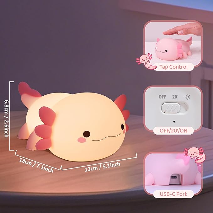YuanDian Axolotl Night Light, Gift for Adults Teens and Babies. Decorate Kids' Bedroom with Cute Silicone Axolotl Nightlights, Christmas Birthday Gift for Children and Toddlers - Bloomnest