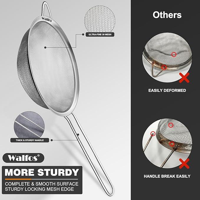 Walfos Fine Mesh Strainers Set, Premium Stainless Steel Colanders and Sifters, with Reinforced Frame Sturdy Handle, Perfect for Sift, Strain, Drain Rinse Vegetables, Pastas Tea - 3 Sizes - Bloomnest