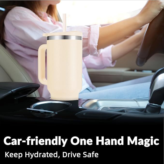 WETOWETO 40oz Tumbler with Handle | Insulated Stainless Steel Travel Mug | 34Hrs Cold & 10Hrs Hot Retention | 100% Leakproof Lid & Straw | Dishwasher Safe + Car Cup Holder Fit (Cream Color) - Bloomnest