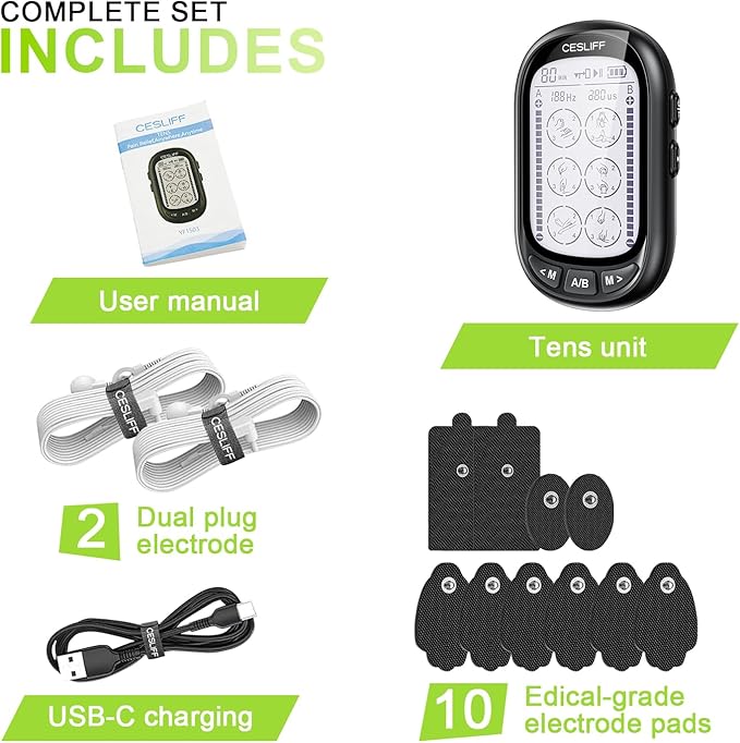 Dual Channel TENS EMS Unit 24 Modes 36 Levels, Upgraded Large Screen Intensity Muscle Stimulator for Back Neck Shoulder Pain Relief, Rechargeable Electric Pulse Massager TENS Machine with 10 Pads CESLIFF