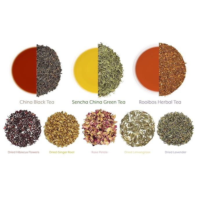 Loose Leaf Tea Sampler Create Your Own Tea Blend Starter Kit w/Sencha, Rooibos, China Black, & Ginger, Lavender, Rose, Lemongrass, Hibiscus Spices - Bloomnest