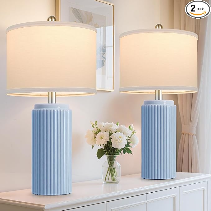 23.5’’ Sky Blue Farmhouse Table Lamps for Living Room Set of 2, Modern Elegant Ceramic Bedside Nightstand Lamps with White Linen Shade for Bedroom, Coastal Lamps Set for Study Home Office - Bloomnest