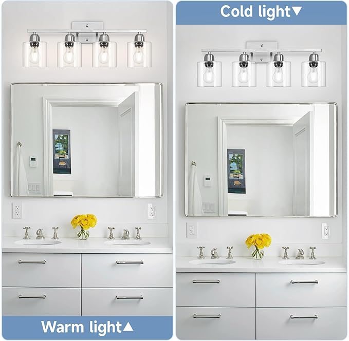 Modern Brushed Nickel 4 Light Bathroom Light Fixtures, 24 inch Vanity Lights for Bathroom with Clear Glass for Mirror Kitchen Living Room Hallway Cabinet Porch - Bloomnest