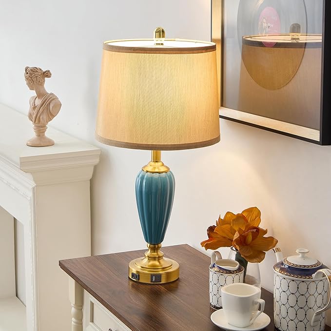 Living Room Table Lamp, 25.5" Touch Lamp for Nightstand with USB A+C Ports, Modern Farmhouse Table Lamps for Bedroom, Bulb Included - Bloomnest