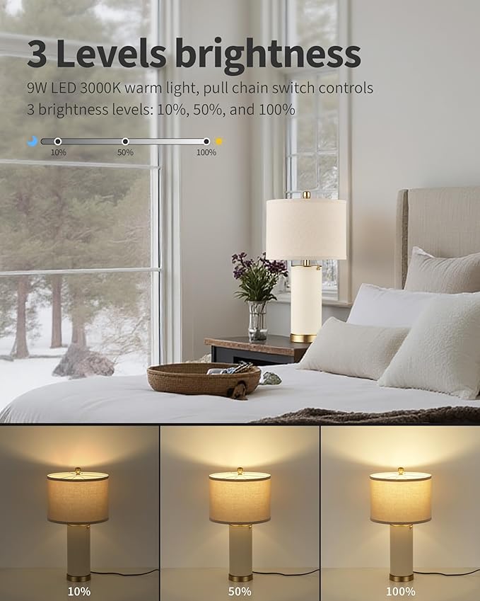 KDG 23.4" White PU Leather Table Lamps for Living Room Set of 2, 3 Level Brightness LED Modern Home Decor Fabric Lampshade Desk Lamp Lighitng for Bedroom, Bedside, Farmhouse, Nightstand, Night Light - Bloomnest