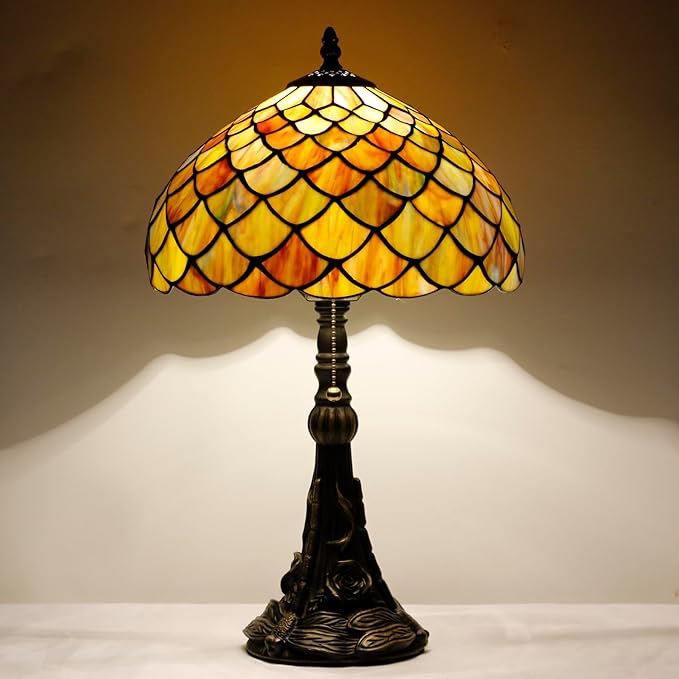 Tiffany Stained Glass Table Lamp 12X12X19 Inch Brown Fish Scales Style Desk Bedroom Living Room Reading Light(Brown Fish Scales) - Bloomnest