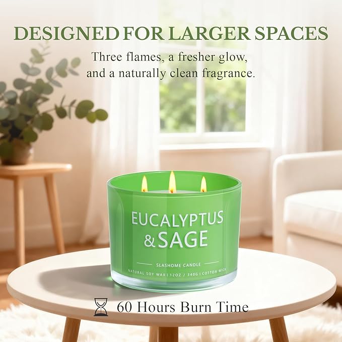 Sage & Eucalyptus Candle, Large 3 Wick 12oz Soy Candle for Home Scented, Luxury Elegant Jar Candle Gift for Women & Men, Long-Lasting Non-Toxic Burn 60+ Hours, Home Decor - Bloomnest