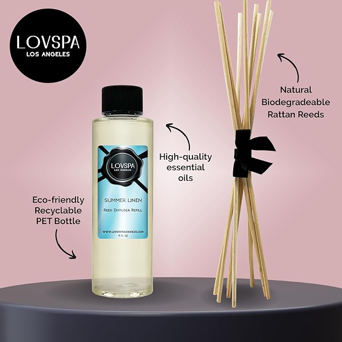 LOVSPA Summer Linen Diffuser Oil - Luxury Essential Oils for Diffuser Refill & Air Freshener Room Spray - Long-Lasting & Natural Home Fragrance, Scented Oil for Diffusers, USA Made, 4oz - Bloomnest