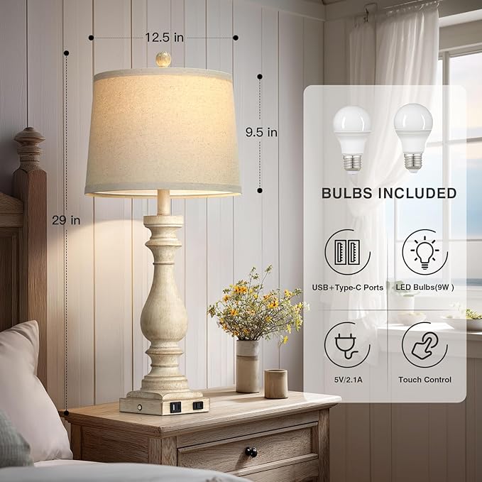 29" Tall Vintage Table Lamps Set of 2,Farmhouse Bedside Lamps with USB C+A Ports & AC Outlet,3-Way Dimmable Touch Lamp for Night Stands Living Room Bedroom,Beige - Bloomnest