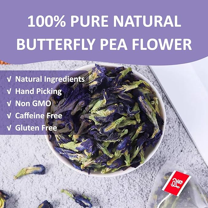 Ovikaso Tea, Butterfly Pea Flower Tea Bags, 50 Pyramid Tea Bags, 1.3g/bag, 100% Natural, Non-GMO, No Caffeine, Brew Hot or Iced tea, Baking, Cocktail, Herbal Tea - Bloomnest