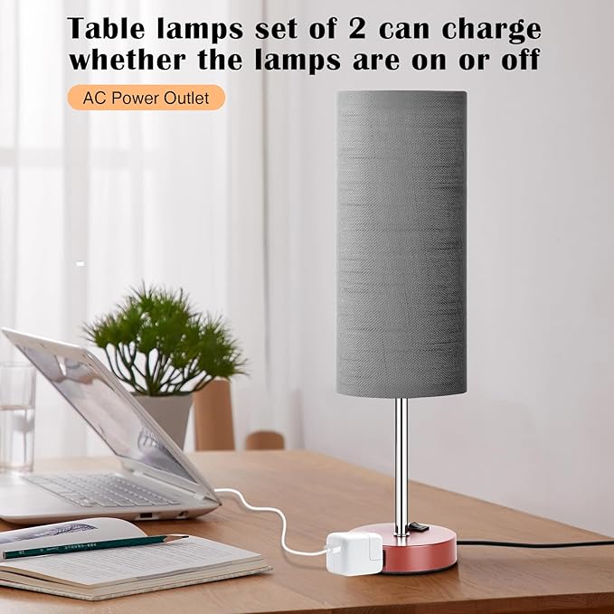 ZJOJO Table Lamp for Bedroom 2 Pack,18in Bedside Lamps with 3 Way Dimmable Rocker Switch & AC Outlet,Nightstand Desk Lamp with Gray Fabric Shade Brown Base for Living Room Home Decor Lights - Bloomnest