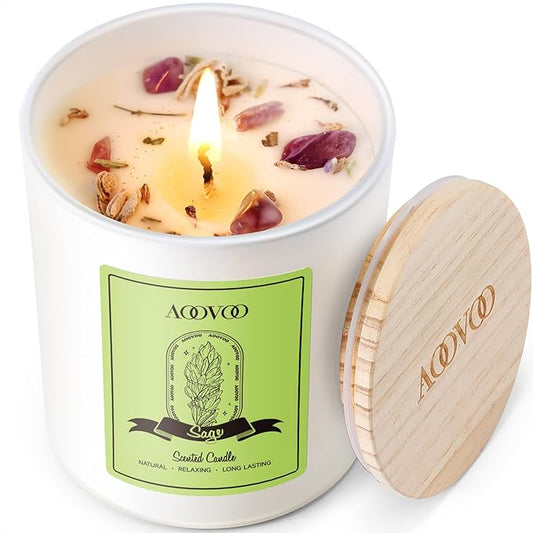 AOOVOO Sage Scented Candles for Women - Aromatherapy Candle with Crystals Inside, 10oz Soy Candles for Home Scented, Birthday Gifts Christmas Candle for Women Mom - Bloomnest