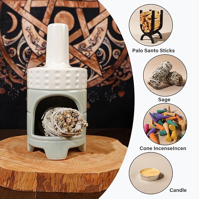 Handmade Ceramic Palo Santo Holder Burner - Mini Chiminea Incense Dish for Palo Santo Sticks & Sage -Cone Burner Elegant Design for Energy Cleansing, Yoga, Meditation & Aromatherapy Idea - Bloomnest