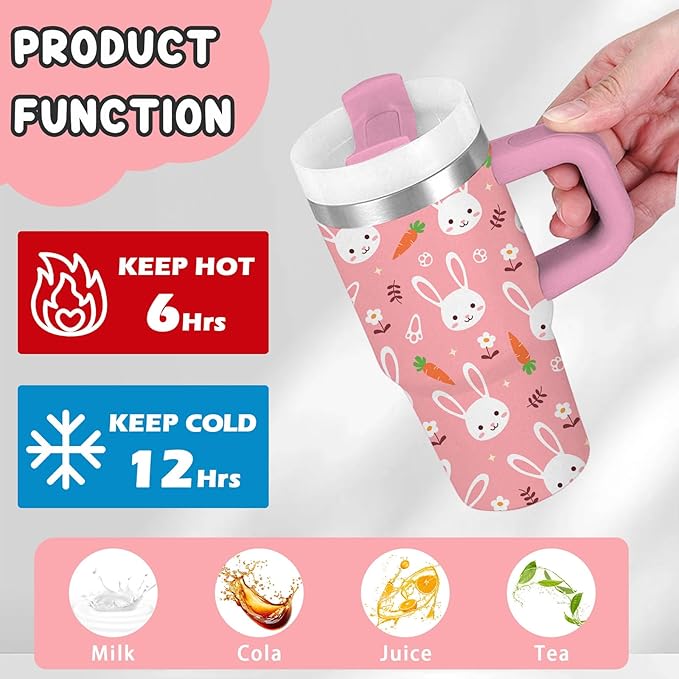 Rabbit Gifts for Kids - 14 Oz Pink Kids Tumbler with Handle and Straw, Stainless Steel Insulated Tumbler, Sweatproof, for Sports, School, Travel - Bunny Lovers Children Birthday Gifts Cups(1pc) - Bloomnest
