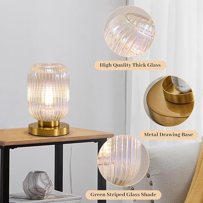 Dimmable Colorful Glass Table Lamp: Mid Century Modern Nightstand Light With Stained Shade - Small Decorative Brass Desk Lamp - Ribbed Glass Bedside Tables Lamps for Bedroom Living Room Bulb Excluded - Bloomnest
