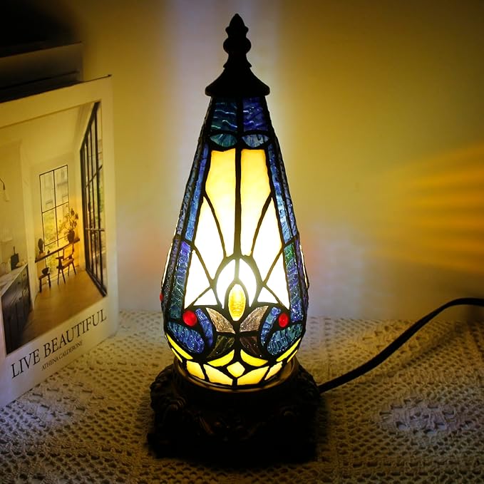 Small Tiffany Lamp Stained Glass Table Lamp 5.5X11 Inch Christmas Tree Lighthouse Mini Accent Memory Sympathy Antique Night Light for Bedroom Living Room (Stained Glass)