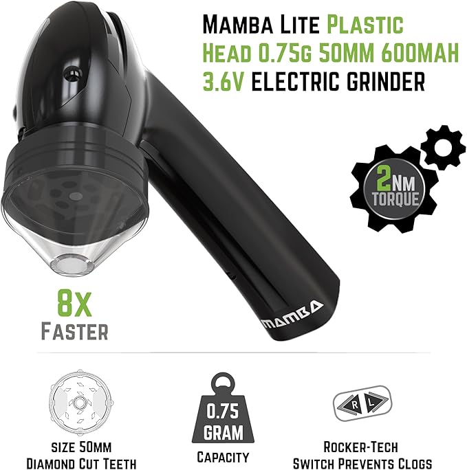 Mamba Lite 0.75g Black All-Plastic Head USB Electric Herb Grinder. Small Portable Herbal Machine & Spice Mill for the Kitchen - Bloomnest