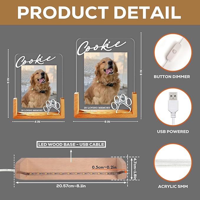 Personalized Pet Memorial LED Night Light, Custom Photo Pet Lover Keepsake, Dog or Cat Loss Sympathy Gift, Personalized Light Up Sign for Pet Remembrance, Memorial Lights for Home Decor - Bloomnest