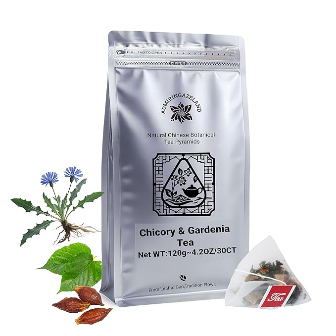 ADMIRINGAZELAND Chicory & Gardenia Tea with Mulberry Leaf, 30 Count - Pyramid Teabags, 6 Ingredients - Lily Bulb, Poria, Kudzu Root - Chinese Herbal Blend, Night Harmony Tea, 4.2 oz