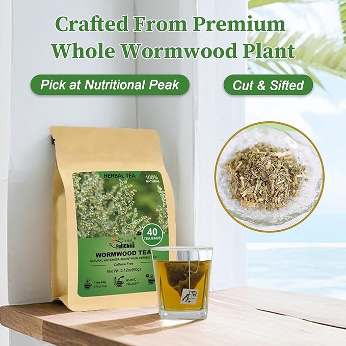 Fullchea - Wormwood Tea Bags, 40 Teabags - Bitter Herbal Tea - Pure Wormwood - Non-GMO - Caffeine-Free - Support Digestion & Well-being - Bloomnest