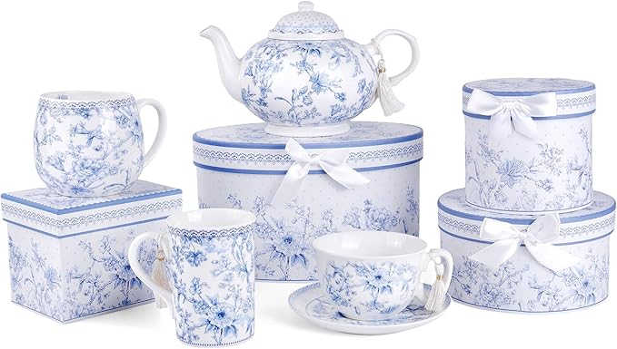 Bone China Blue Flowers Big Belly Mug 14.54 oz (430 ml) in Gift Box, Coffee Tea Mug - Bloomnest