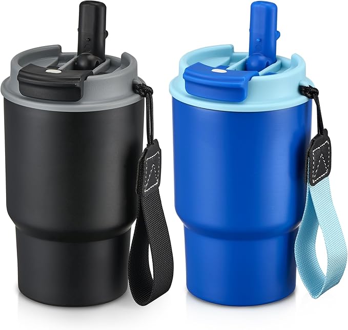 13.5oz Kids Insulated Tumbler with Lid and Straw, BPA-Free Stainless Steel Kids Water Bottle, Leak-Proof& Cupholder Friendly Tumbler for Boys & Girls -2 Pack(Blue+Black) - Bloomnest