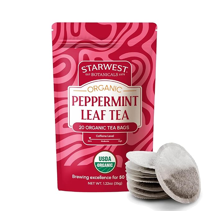 Starwest Botanicals Organic Peppermint Leaf Tea - Caffeine Free Herbal Tea, Supports Digestion, USDA Organic Peppermint Leaf, String Free Sachets, Non GMO - 20 Tea Bags - Bloomnest