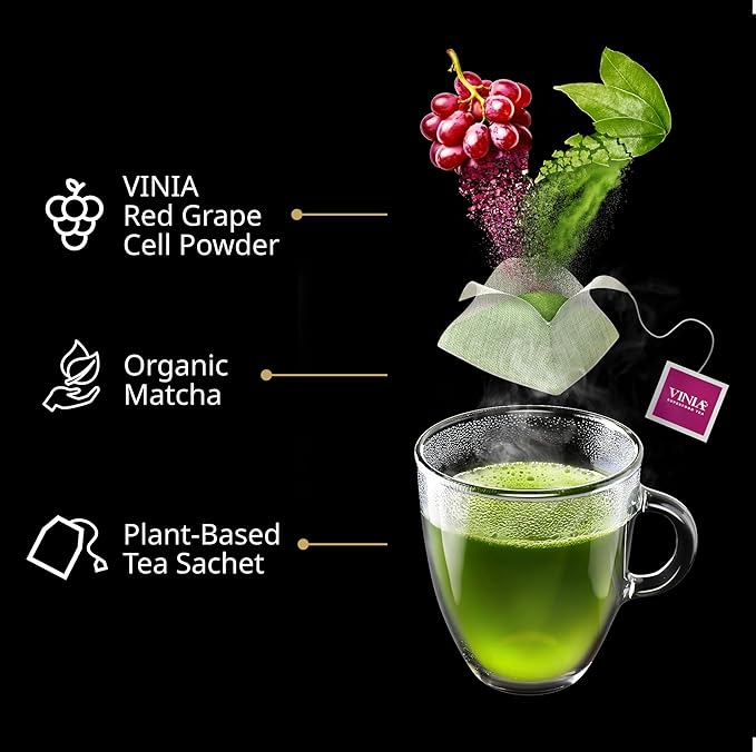 VINIA Premium Matcha + Green Tea Bags, Made with Organic Tea, Infused with Piceid Resveratrol for Heart Health, Nitric Oxide, Physical Energy, Alertness, Blood Flow, Keto, Kosher, NON-GMO. 30 Ct - Bloomnest