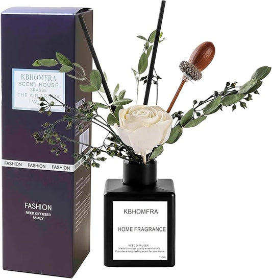 Reed Diffuser Set with Dried Flowers, Jasmine Gardenia Sandalwood Scent, Black Glass Bottle, 5.07fl oz, Aromatherapy Home Fragrance for Bedroom Bathroom (Pure White Gardenia) - Bloomnest