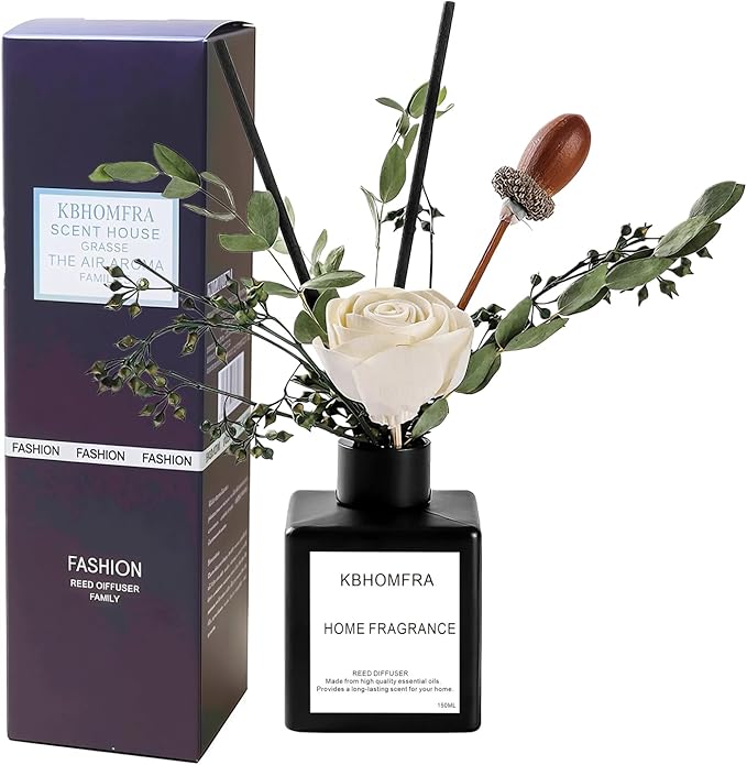 Reed Diffuser Set with Dried Flowers, Jasmine Gardenia Sandalwood Scent, Black Glass Bottle, 5.07fl oz, Aromatherapy Home Fragrance for Bedroom Bathroom (Jasmine Tea) - Bloomnest