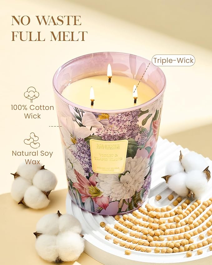 M&SENSE Violet YlangYlang Scented Candle, 3 Wick Soy Natural Wax Candles, 35oz 150H Long Lasting, Aromatherapy Sleep Calm Home Fragrance for Women Men - Bloomnest