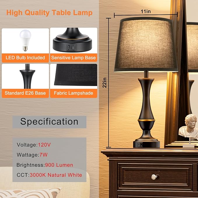 Seealle Upgraded Touch Lamps for Night Stands Set of 2 - Bedside Lamps with USB C+A, 3 Way Dimmable for Bedroom Living Room End Tables Office (Black) - Bloomnest
