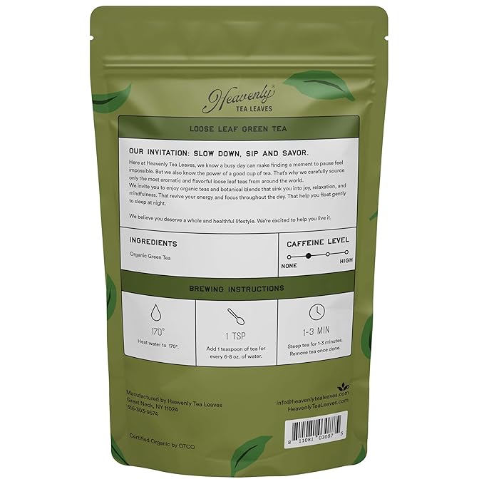 Heavenly Tea Leaves Organic Pure Green, Bulk Loose Leaf Green Tea, 1 Lb. (Approx. 200 Servings) - Delicious Hot or Iced, Naturally Caffeinated Free, Premium Quality, Wellness Support - Bloomnest