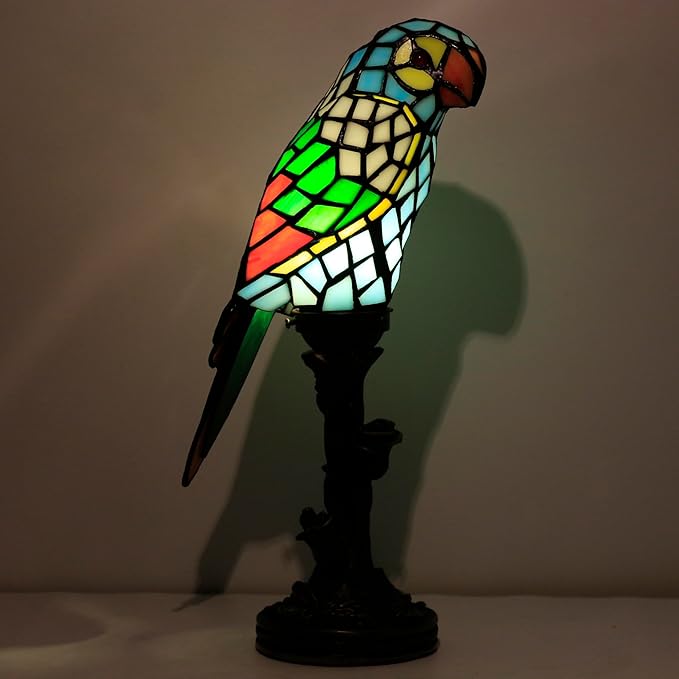 Small Tiffany Lamp Parrot Table Lamp Stained Glass Accent Lamp 15.3 Inch Tall Mini Desk Bedside Night Light for Kids Bedroom (Blue) - Bloomnest