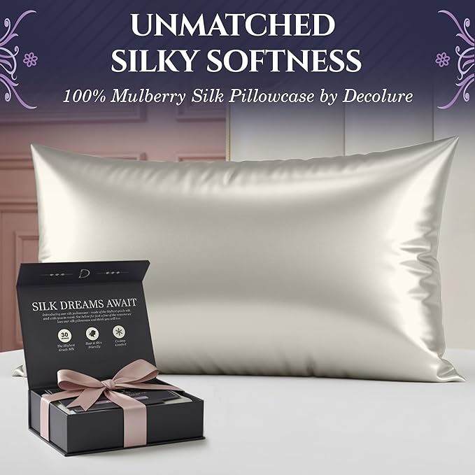 DECOLURE 100% Pure Mulberry Silk Pillow Case Queen Size – Highest Grade 30 Momme 6A+, Luxuriously Soft & Cooling Silk Pillowcase for Hair & Skin, Hypoallergenic, Breathable, Hidden Zipper (Ivory) - Bloomnest