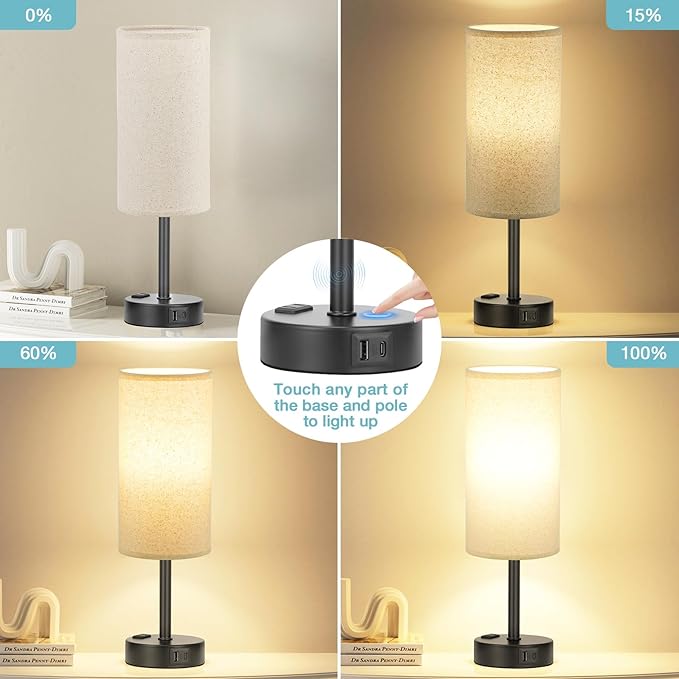 Fenmzee Beige Touch Table Lamp for Bedroom - 3 Way Dimmable Bedside Lamp USB C Charging Ports and AC Outlet, Small Lamp with Fabric Shade Black Base for Living Room, Office Desk, LED Bulb Included - Bloomnest