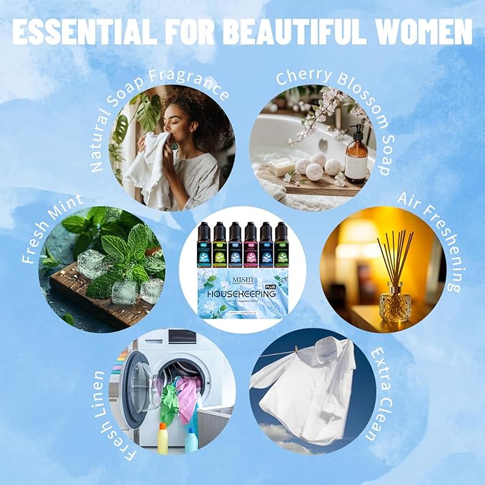 Housekeeping Essential Oils Set for Diffuser,Pure Aromatherapy Oil for Diffuser,Candle Making,Natural Soap Scent,Cherry Blossom Soap,Fresh Mint,Fresh Linen,Air Freshener,Extra Clean - Bloomnest