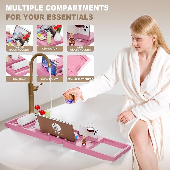 Yirilan Foldable Bathtub Caddy, Expandable Bath Caddy Tray, Unique House Warming Gifts, New Home, Anniversary and Wedding Gifts for Couple, Pink - Bloomnest