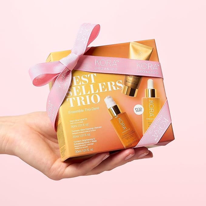 KORA Organics Best Sellers Trio, Gift Set with Noni Glow Face Oil, Turmeric Brightening & Exfoliating Mask and Foaming Cleanser (3 Items) - Bloomnest