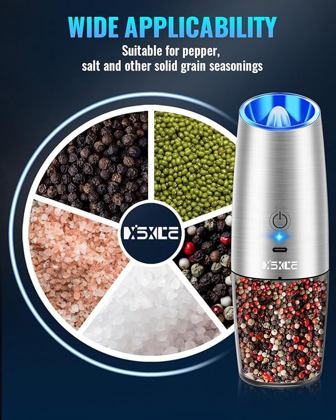 Rechargeable Electric Pepper and Salt Grinder Set, No Battery Needed, whit Gravity Sensing Switch and LED Light, One Hand Automatic Operation, Sliver, 2 Pack - Bloomnest
