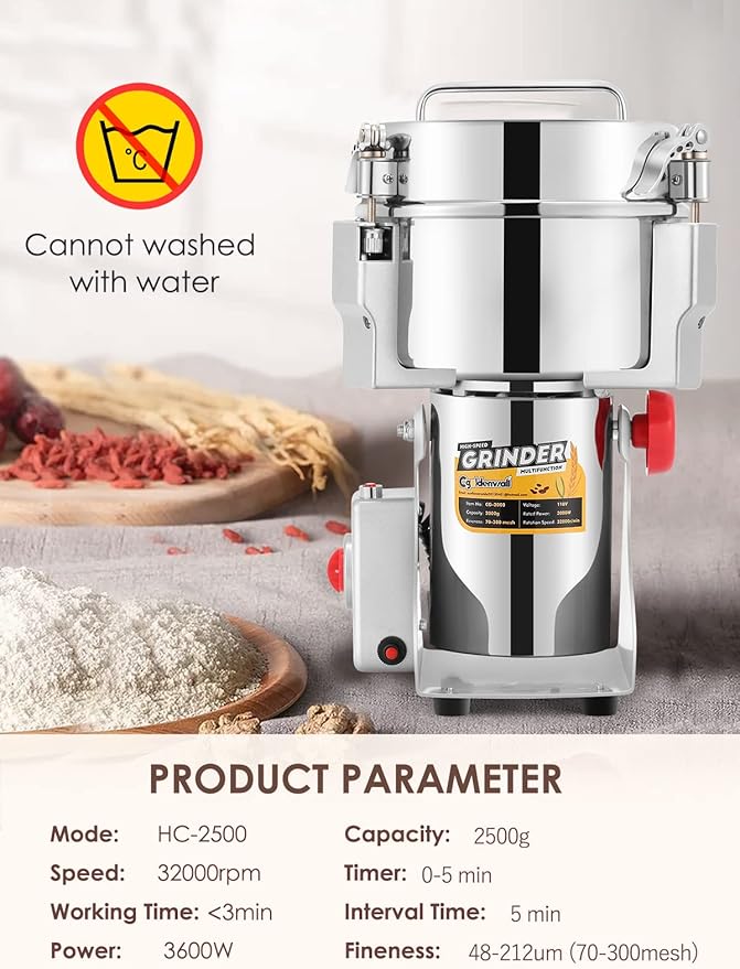CGOLDENWALL 2500g Electric Grain Grinder Mill Safety Upgraded 3600W High-speed Spice Herb Grinder Commercial Superfine Machine Dry Cereals Pulverizer CE 110V (2500g Swing Type) - Bloomnest