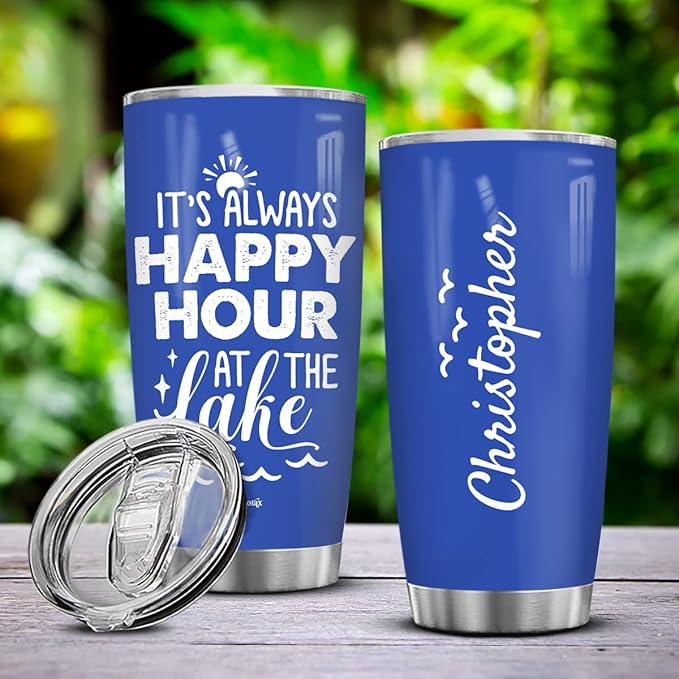 winorax Personalized Beach Tumbler It's Always Happy Hour At The Lake Tumblers Stainless Steel 20oz 30oz Travel Cups Gifts Summer Trip Holiday Beach Lovers Men Women Kids Family - Bloomnest