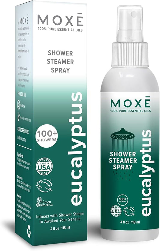 MOXĒ Eucalyptus Oil Shower Mist, Spa Steam Spray, Certified Natural 100% Essential Oils, Made in USA, Aromatherapy, Sinus Congestion Relief, Tension Relief, 4 Ounces - Bloomnest