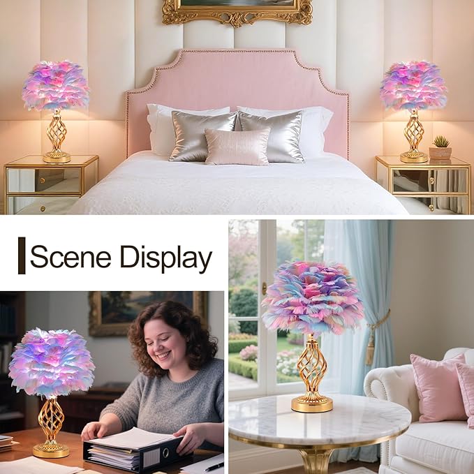 Colorful Feather Lamp Romantic Fluffy Bedside Lamp Creative Table Lamp Cute Goose Feather Nightstand Light for Girl Bedroom Living Room Hotel Office Entry Wedding - Bloomnest