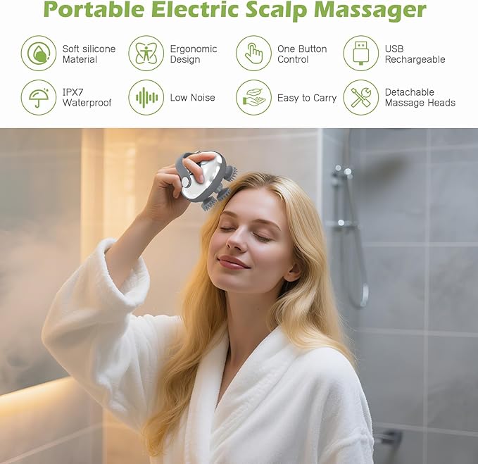 KeeKit Electric Scalp Massager, Portable Head Massager with 8 Removable Heads, 3 Kneading Modes, Handheld Head Scratcher for Relaxation, Hair Growth & Neck/Back Pain Relief, Deep Clean KeeKit