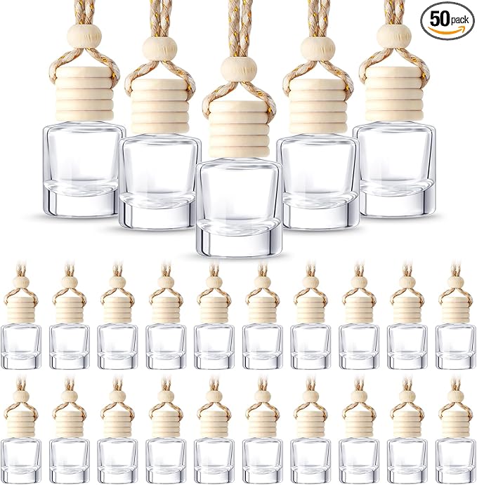 BBTO 50 Pcs Hanging Car Air Freshener Car Diffuser Bottles Empty Glass Perfume Bottle Freshener Diffuser Bottle Pendant for Essential Oil Fragrance Aromatherapy Bottle Ornament (Cylinder) - Bloomnest