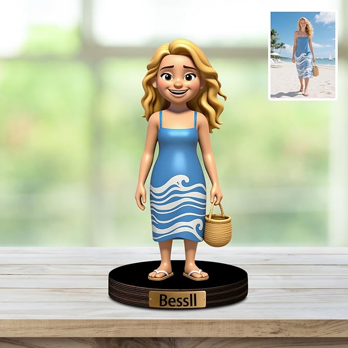Custom Travel Photo Cartoon Style Desk Decor with Wooden Base, Personalzied Cartoon Photo Picture Portrait Sculpture Frame Acrylic Sign Plaque Gifts for Women Men Family - Bloomnest